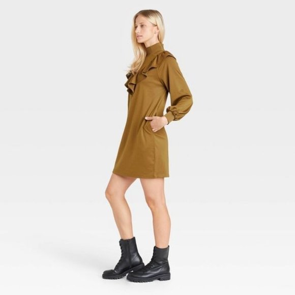 Who What Wear Medium Women's Long Sleeve Knit Ruffle Sheath Brown Mini Dress New - Picture 3 of 12